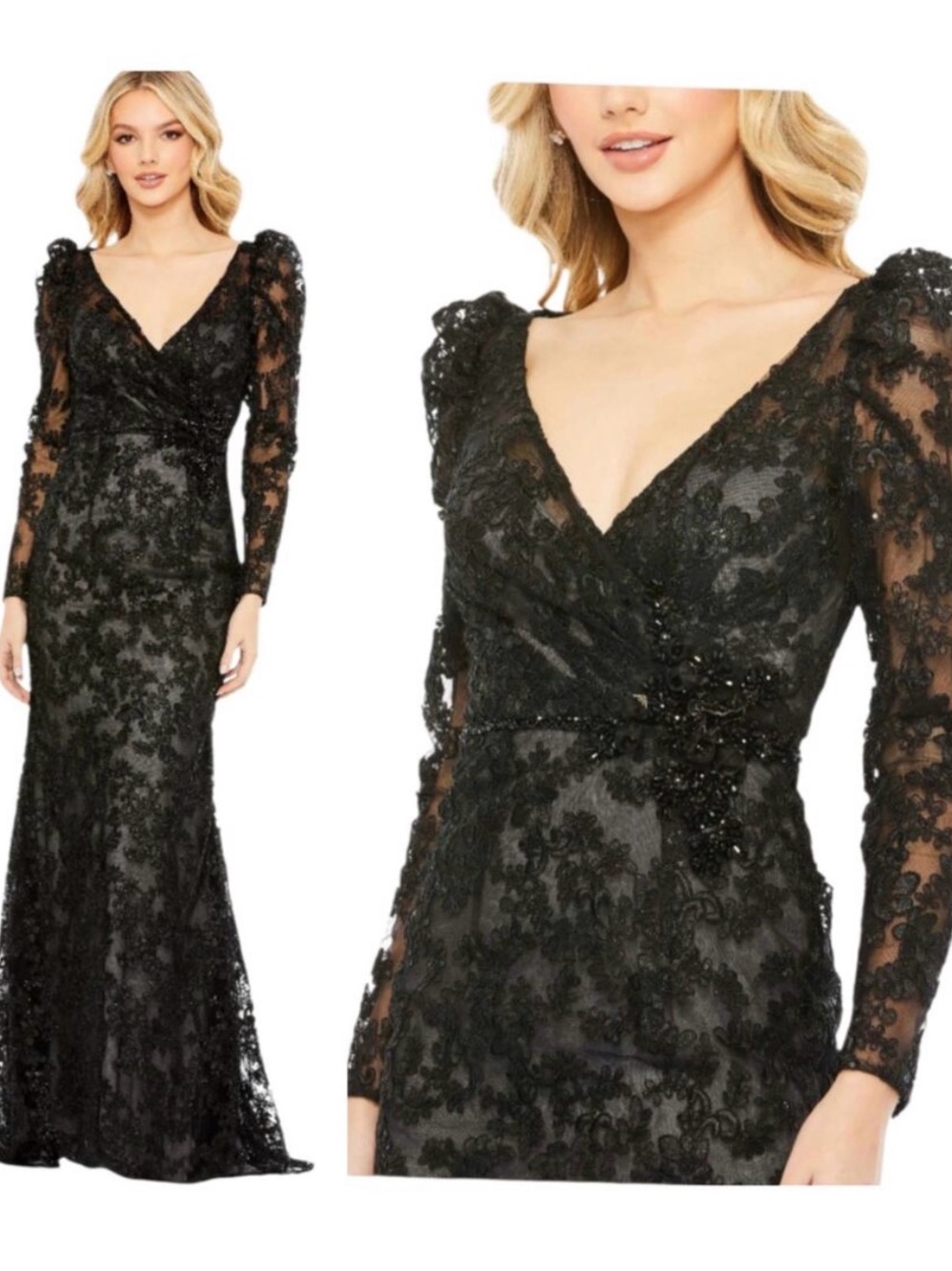 Mac Duggal Black Lace Long Sleeve V-Neck Evening Gown